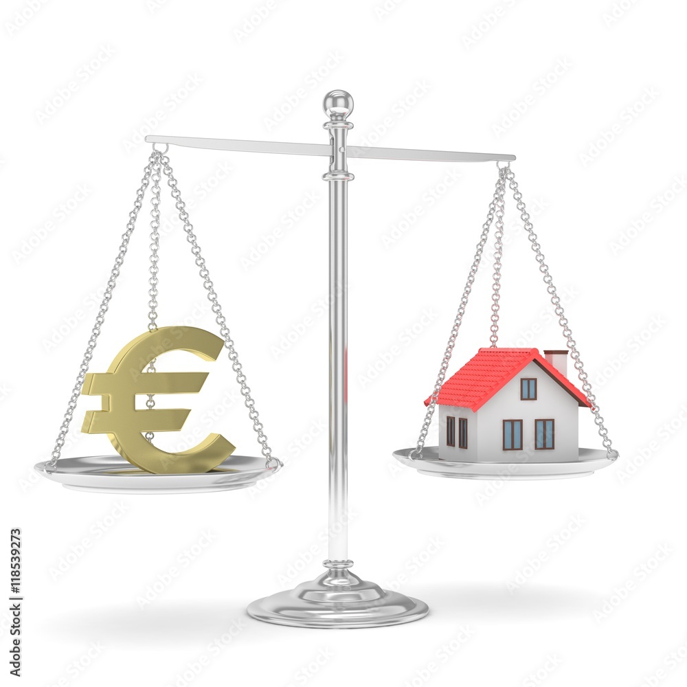 Isolated silver scales with golden euro and house on white background. Investment or savings concept. Real estate and currency. 3D rendering. Isolated silver scales with golden euro and house on white background. Investment or savings concept. Real estate and currency. 3D rendering.