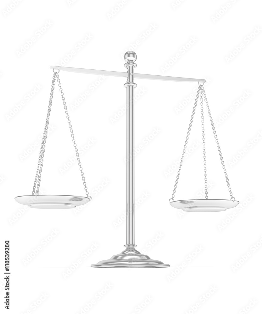 Isolated white silver scales on white background. Symbol of judgement. Law, measurement, liberty in one concept. 3D rendering. Isolated white silver scales on white background. Symbol of judgement. Law, measurement, liberty in one concept. 3D rendering.