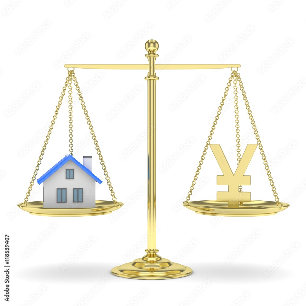 Isolated golden scales with golden yuan and house on white background. Investment or savings concept. Real estate and currency. 3D rendering. Isolated golden scales with golden yuan and house on white background. Investment or savings concept. Real estate and currency. 3D rendering.