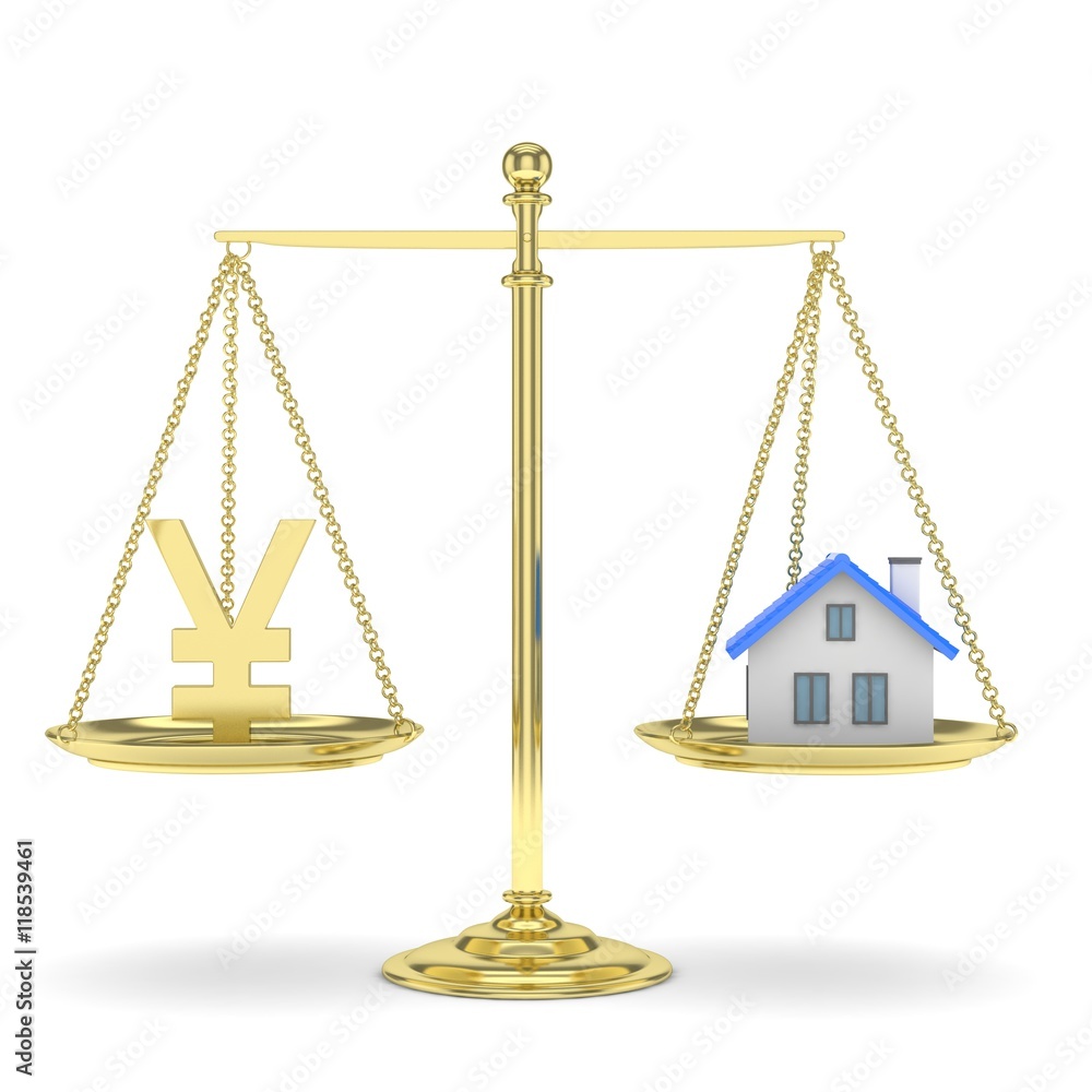 Isolated golden scales with golden yuan and house on white background. Investment or savings concept. Real estate and currency. 3D rendering. Isolated golden scales with golden yuan and house on white background. Investment or savings concept. Real estate and currency. 3D rendering.
