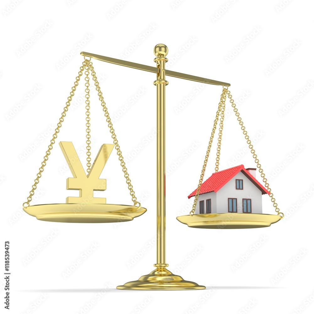 Isolated golden scales with golden yuan and house on white background. Investment or savings concept. Real estate and currency. 3D rendering. Isolated golden scales with golden yuan and house on white background. Investment or savings concept. Real estate and currency. 3D rendering.