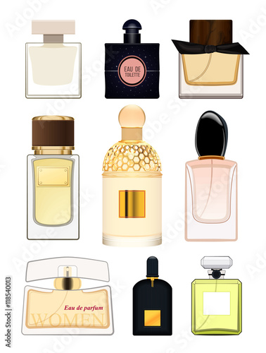 Set perfume bottle on white background. Perfume bottle for women. Female fragrance. Eau de toilette. Vector illustration 