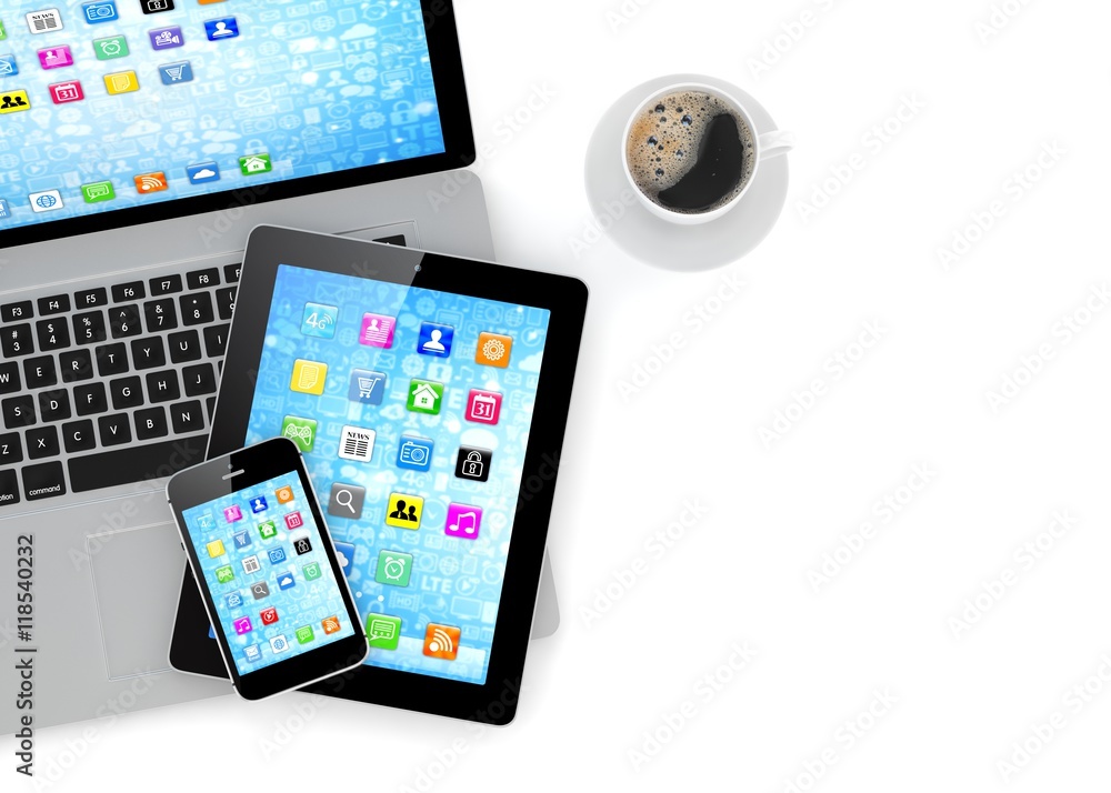 Laptop, phone, tablet pc and coffee. 3d rendering. Laptop, phone, tablet pc and coffee. 3d rendering.