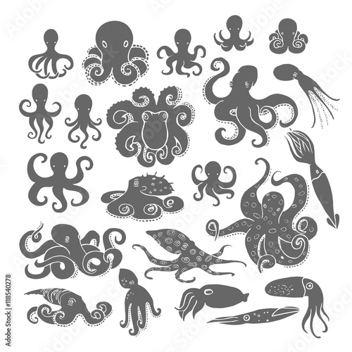 Hand drawn octopus set. Black silhouettes on white background