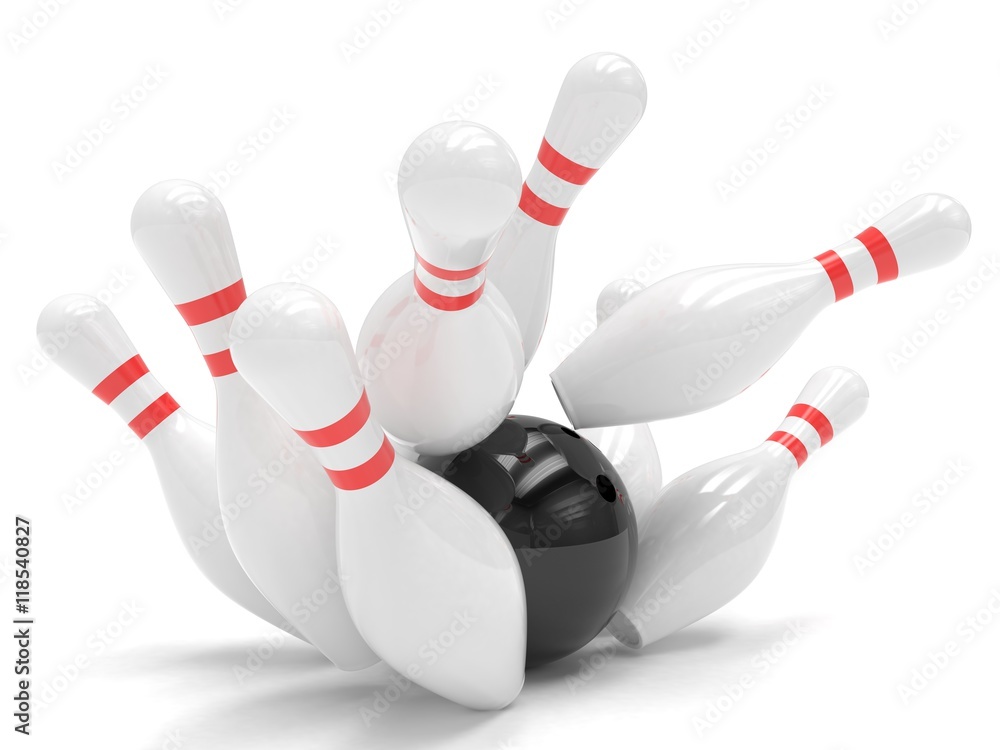 Bowling ball and skittles isolated. 3d rendering. Bowling ball and skittles isolated. 3d rendering.