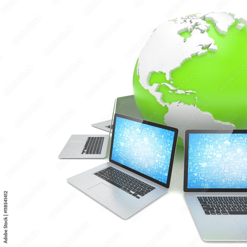 Laptop network around earth globe. 3d render Laptop network around earth globe. 3d render