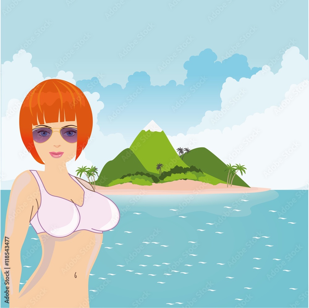 Sexy girl with orange hair advertising beach vacation