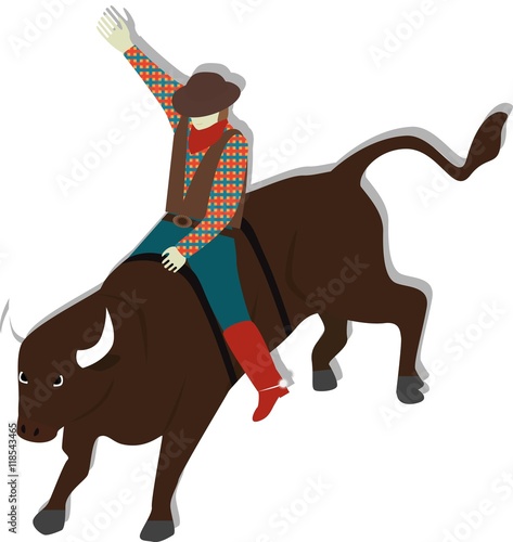 Illustration of matador riding bull in Spain. Bullfighter.