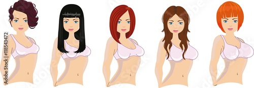 Different woman haircuts and breast sizes