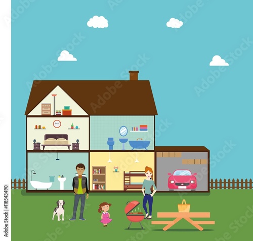 House interior in cutaway with family at backyard