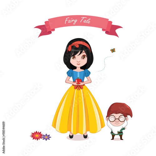 Illustration of snow white girl with a dwarf