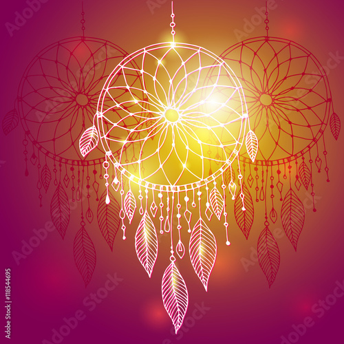 Dream catcher, vector hand drawn illustration with mysterious native American sparkling object.  photo
