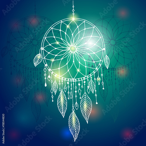 Dream catcher, vector hand drawn illustration with mysterious native American sparkling object. 