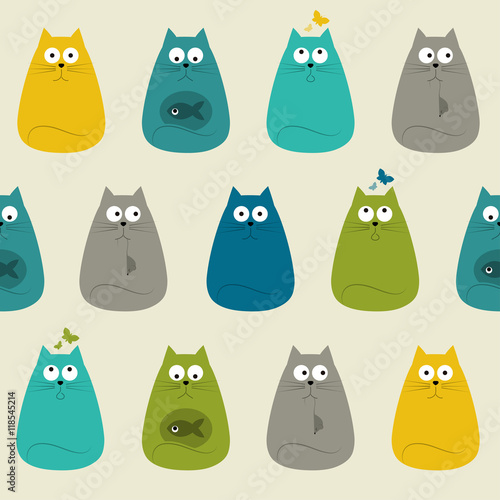 Pretty Cute Colorful Cats Textile Seamless Pattern