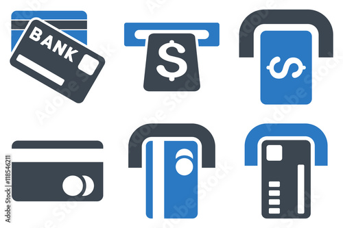 Bank ATM vector icons. Icon style is bicolor smooth blue flat symbols with rounded angles on a white background.