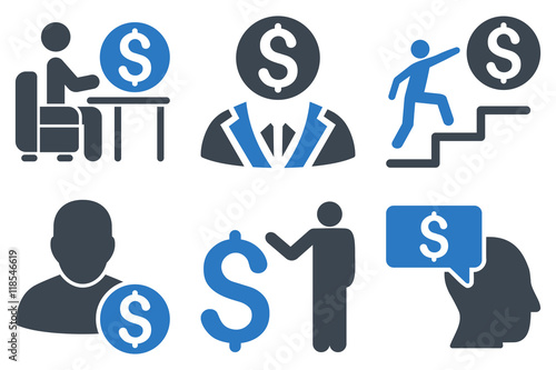 Businessman vector icons. Icon style is bicolor smooth blue flat symbols with rounded angles on a white background.