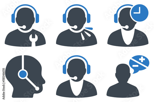 Call Center Operator vector icons. Icon style is bicolor smooth blue flat symbols with rounded angles on a white background.