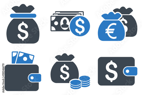 Cash Money vector icons. Icon style is bicolor smooth blue flat symbols with rounded angles on a white background.