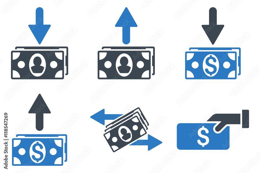 Pay Banknotes vector icons. Icon style is bicolor smooth blue flat ...