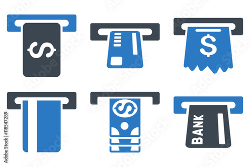 Pay Box vector icons. Icon style is bicolor smooth blue flat symbols with rounded angles on a white background.