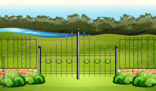 Scene with metal fence in the garden
