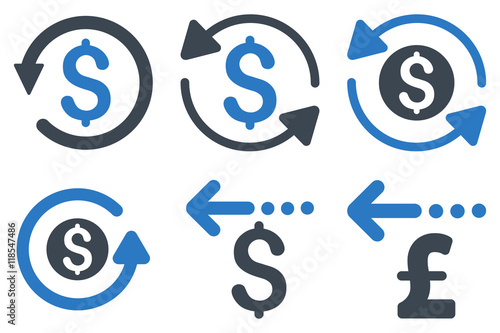 Refund vector icons. Icon style is bicolor smooth blue flat symbols with rounded angles on a white background.