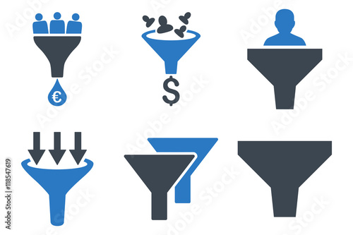 Sales Funnel vector icons. Icon style is bicolor smooth blue flat symbols with rounded angles on a white background.