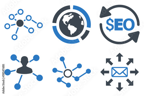Seo Link Building vector icons. Icon style is bicolor smooth blue flat symbols with rounded angles on a white background.