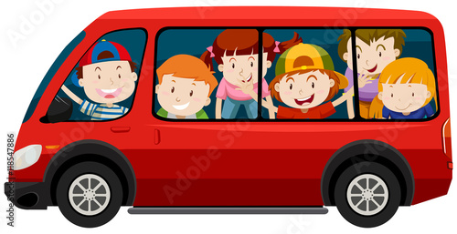 Children riding in red van