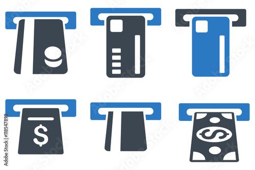 Ticket Terminal vector icons. Icon style is bicolor smooth blue flat symbols with rounded angles on a white background.