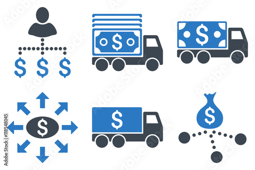 Cash Delivery vector icons. Icon style is bicolor smooth blue flat symbols with rounded angles on a white background.
