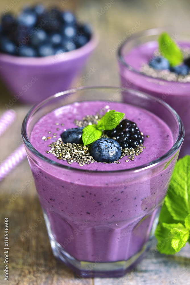 Healthy diet forest berry smoothie with chia seeds. Healthy diet forest berry smoothie with chia seeds.