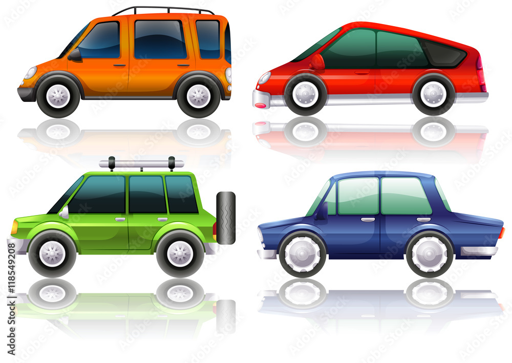 Different kinds of cars in four colors