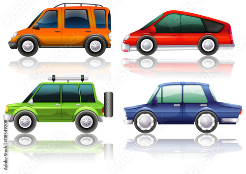 Different kinds of cars in four colors