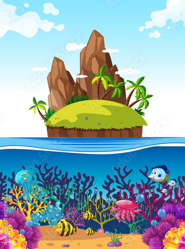 Scene with island and fish under the sea