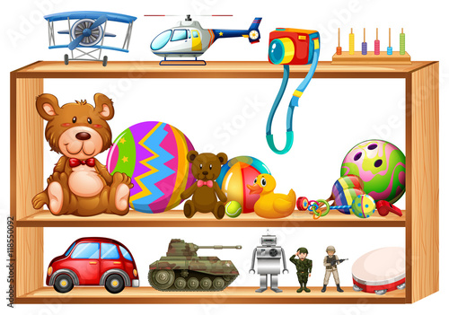 Toys on wooden shelves