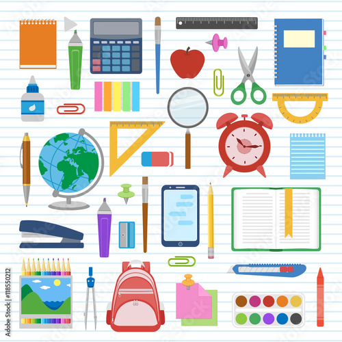 School supplies and items set on a sheet in a line. Back to school equipment. Education workspace accessories on white background. Infographic elements. Vector illustration.