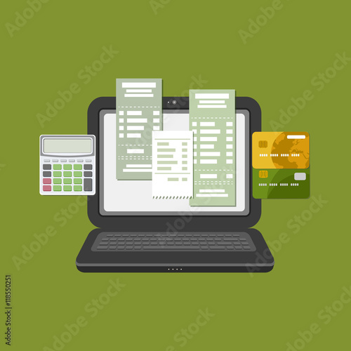 Concept of pay bill tax check online account via computer or laptop. Online payment. Laptop with check invoice on the screen. Bank card transfer. Credit bank cards with calculator. Vector
