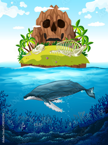Scene with island and whale underwater