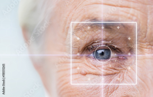 close up of senior woman face and eye photo
