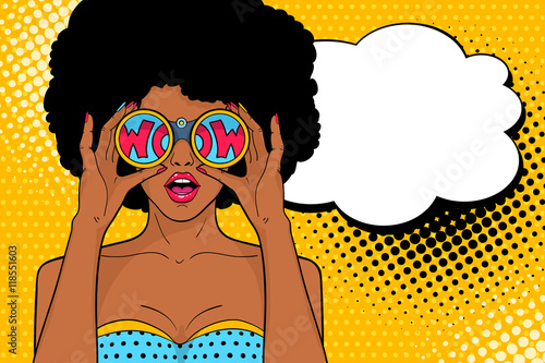 Wow pop art face. Sexy surprised african woman with open mouth holding binoculars with inscription wow in reflection and speech bubble. Vector colorful background in pop art retro comic style.