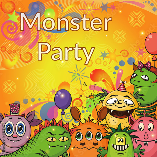 Background for Your Holiday Party Design with Different Cartoon Monsters  Colorful Illustration with Cute Funny Characters. Eps10  Contains Transparencies. Vector