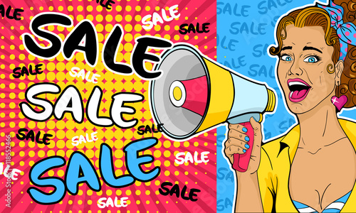 Sale! Sexy pop art woman with open mouth and megaphone speaking. Vector background in comic retro pop art style.