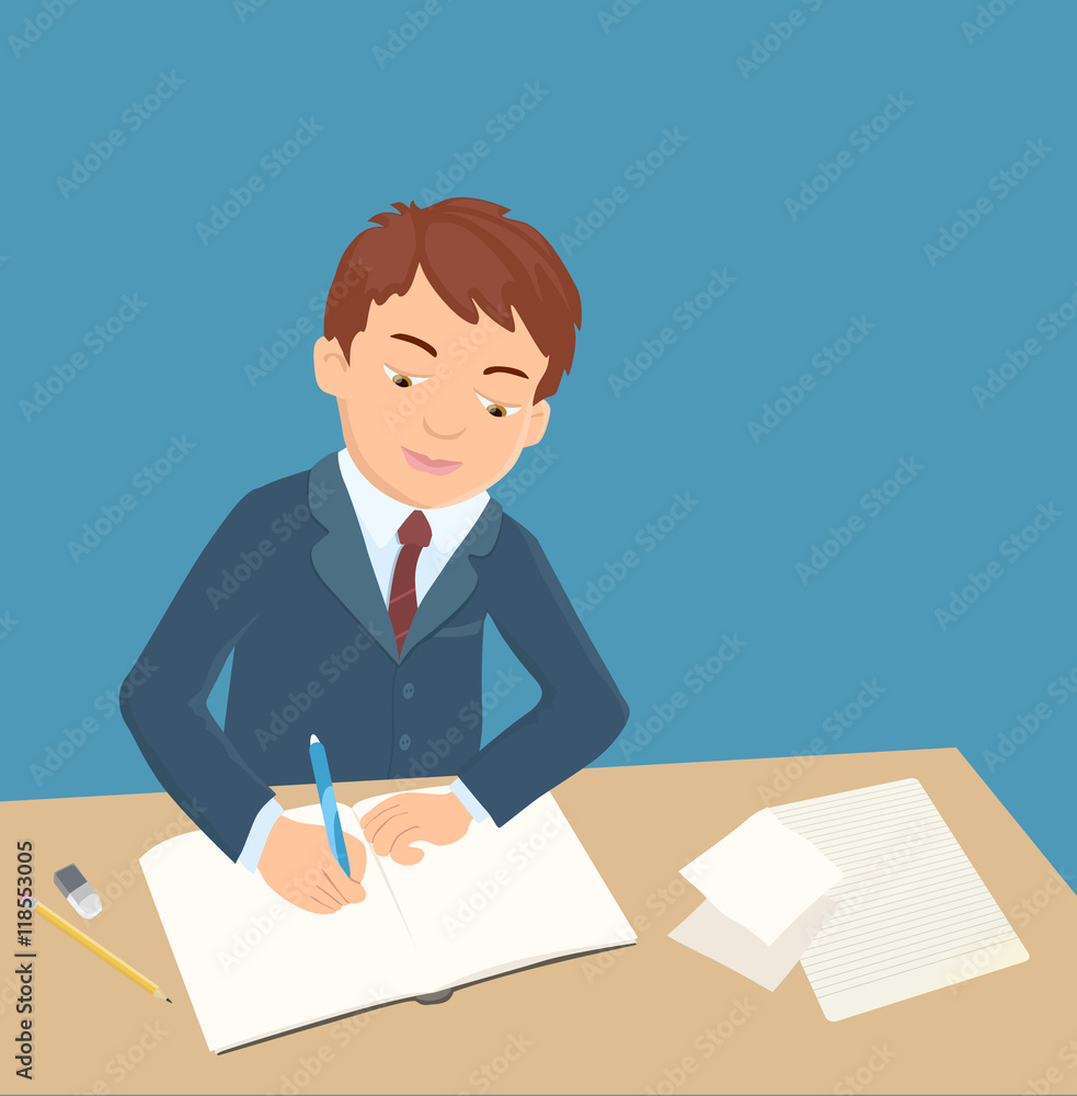 boy writing in notebook. cartoon school or office theme illustration boy writing in notebook. cartoon school or office theme illustration