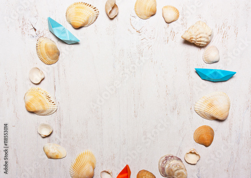 pattern, composition of shells on a white background, top view.