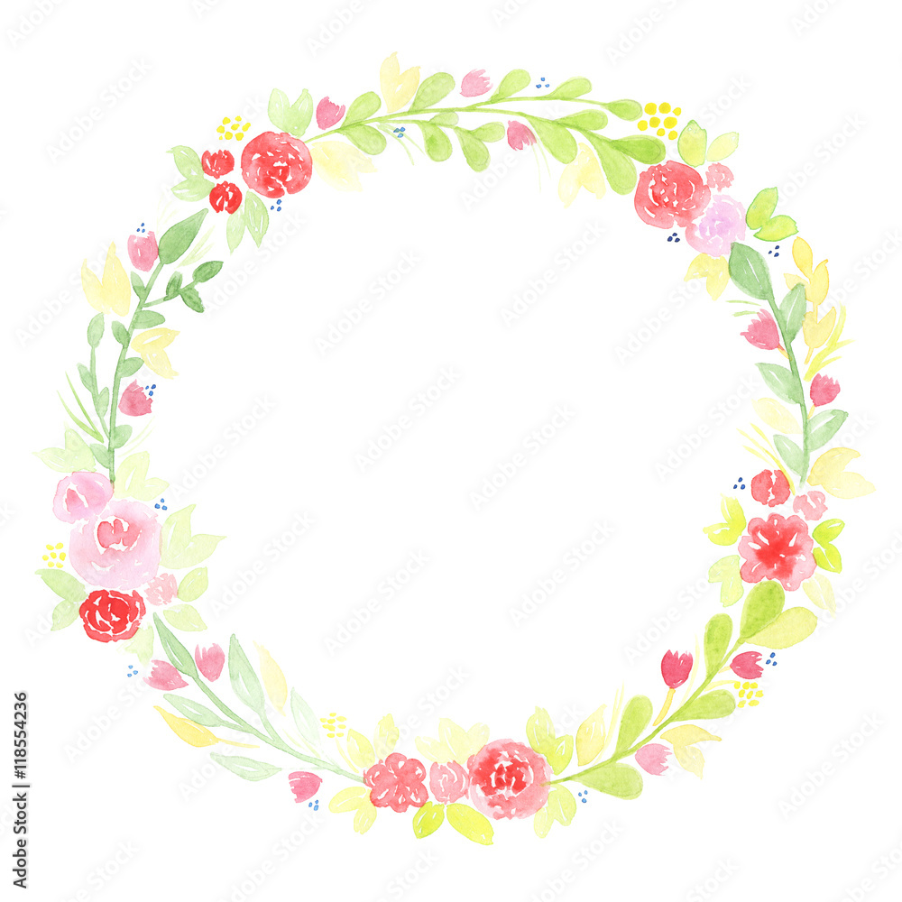 Hand drawn watercolor wreath with abstract flowers and leaves isolated on a white background