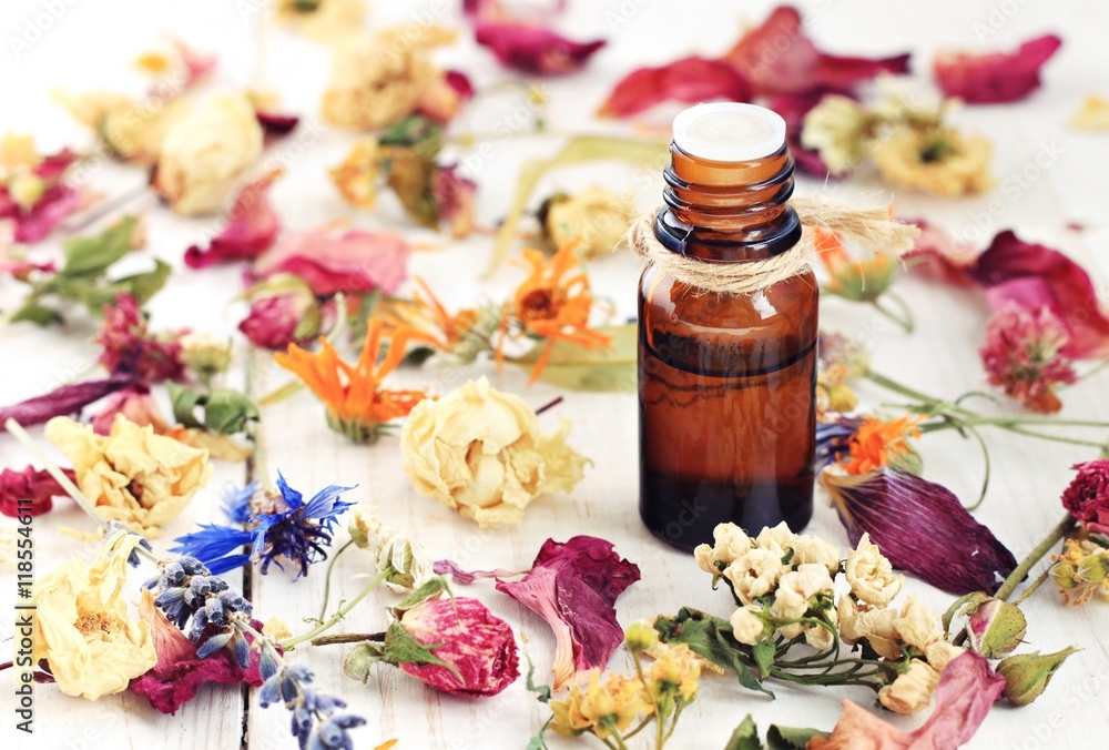Bottle of herbal infused essential oil, amidst different colorful dried medicinal herbs and flowers mix. - obrazy, fototapety, plakaty 