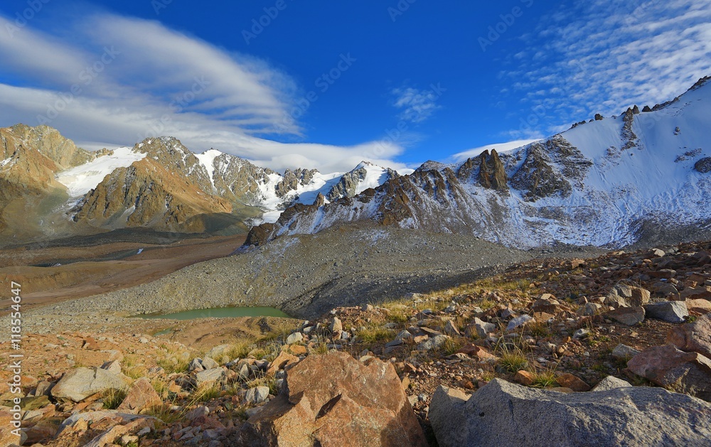 cirque glaciers, rocky road, red mountain stone, summer, glacial valleys, mountains, Kazakhstan, Kyrgyzstan cirque glaciers, rocky road, red mountain stone, summer, glacial valleys, mountains, Kazakhstan, Kyrgyzstan