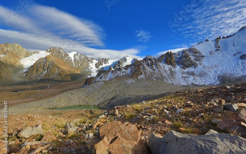 cirque glaciers, rocky road, red mountain stone, summer, glacial valleys, mountains, Kazakhstan, Kyrgyzstan