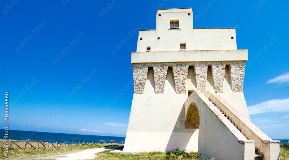 white coastal tower in apulia, Italy Torre Mileto